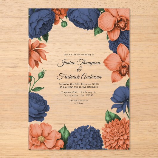 Navy Blue & Coral Modern Botanical Wedding アクリル招待状 (正面)