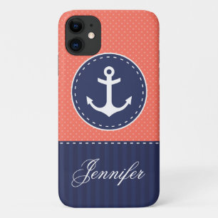 Navy Blue Coral Pink Patternいかりカスタマイズ iPhone 11 ケース
