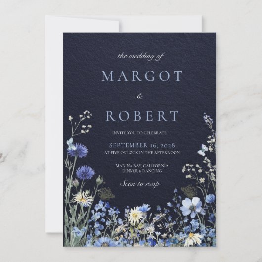 Navy Blue Cornflower Wildflower Wedding QR Code In 招待状 (正面)