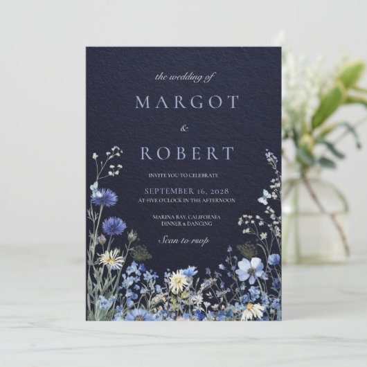 Navy Blue Cornflower Wildflower Wedding QR Code In 招待状 (スタンド正面)