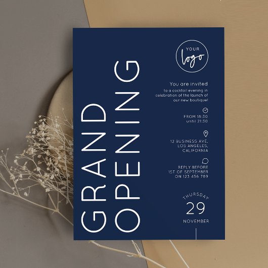 Navy Blue Corporate Business Logo Grand Opening 招待状