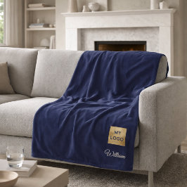 Navy blue corporate logo company name script フリースブランケット