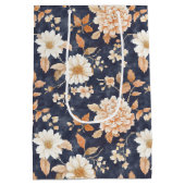 Navy Blue Cream Peach Floral Birthday ミディアムペーパーバッグ (裏面)
