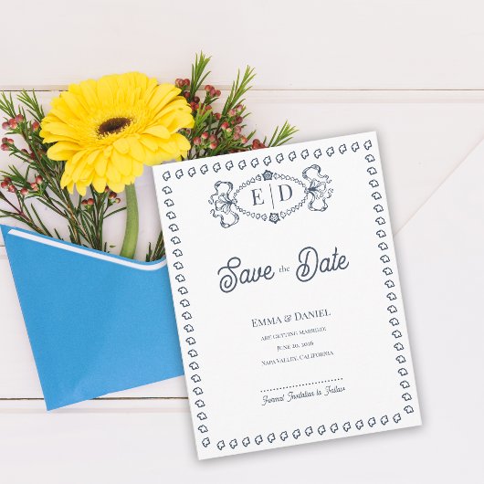 Navy Blue Crest Monogram Wedding Save the Date 案内ポストカード