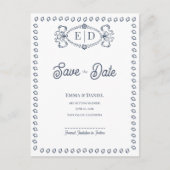 Navy Blue Crest Monogram Wedding Save the Date 案内ポストカード (正面)