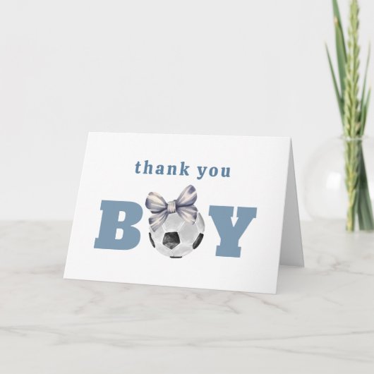 Navy Blue Cute Bow Soccer Boy Baby Shower サンキューカード (正面)