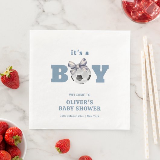 Navy Blue Cute Bow Soccer Boy Baby Shower Welcome (インサイチュ)