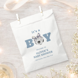 Navy Blue Cute Bow Soccer Boy Baby Shower Welcome フェイバーバッグ