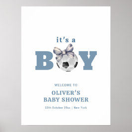 Navy Blue Cute Bow Soccer Boy Baby Shower Welcome ポスター