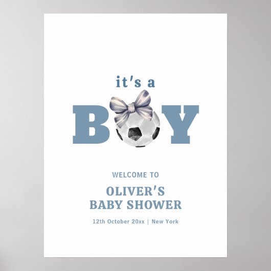 Navy Blue Cute Bow Soccer Boy Baby Shower Welcome ポスター (正面)
