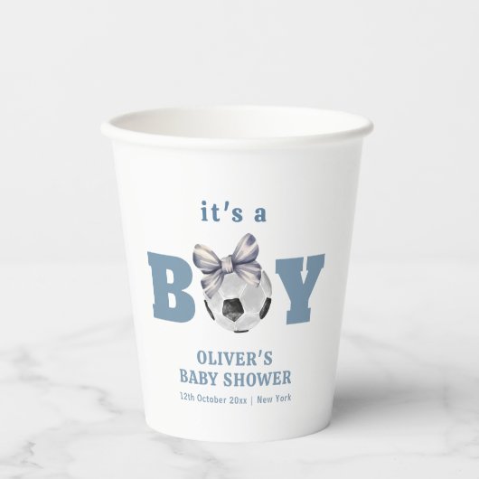 Navy Blue Cute Bow Soccer Sport Boy Baby Shower 紙コップ (正面)