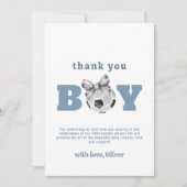 Navy Blue Cute Modern Bow Soccer Boy Baby Shower  サンキューカード (正面)