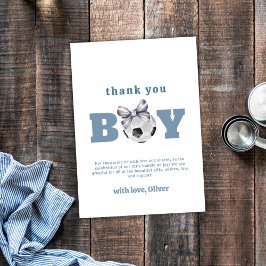 Navy Blue Cute Modern Bow Soccer Boy Baby Shower  サンキューカード