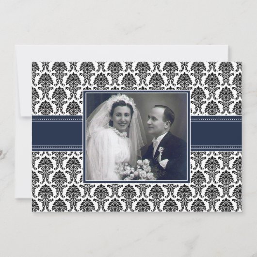 Navy Blue Damask Anniversary Party Invitation 招待状 (正面)