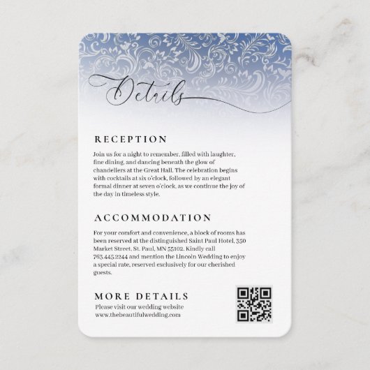 Navy Blue Damask Wedding Reception Details Card エンクロージャーカード (正面)