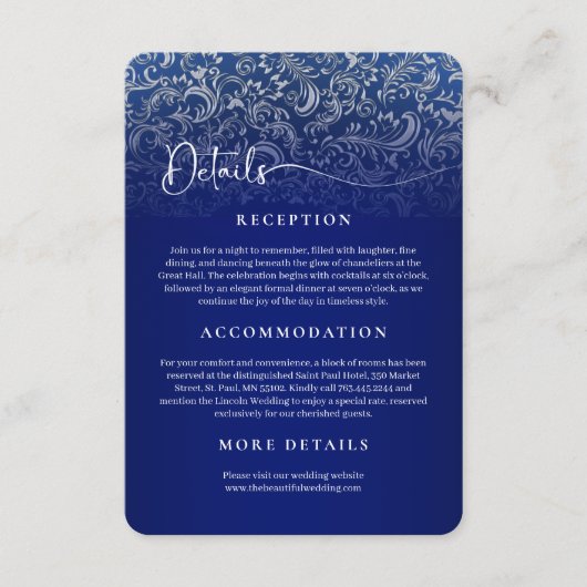 Navy Blue Damask Wedding Reception Details Card エンクロージャーカード (正面)