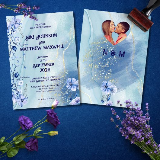Navy Blue Delphinium Floral Wedding Invitation 招待状