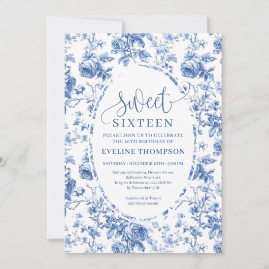 Navy Blue Digital Floral Invitation 16th Birthday 招待状 (正面)