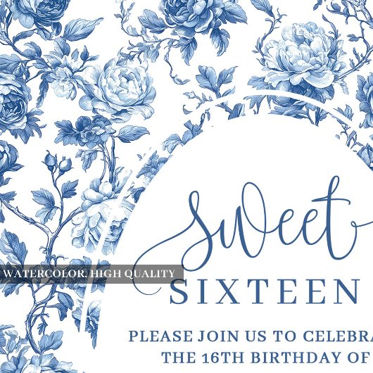 Navy Blue Digital Floral Invitation 16th Birthday 招待状