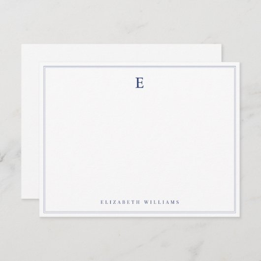 Navy Blue Double Border Simple Elegant Monogram  ノートカード (正面/裏面)