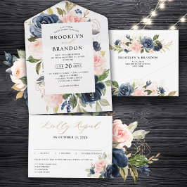 Navy Blue Dusty Blush Pink Floral Wedding  All In  オールインワン招待状