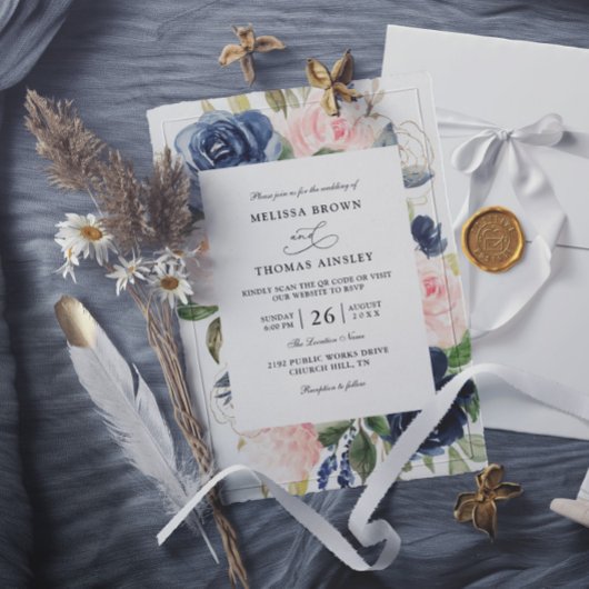 Navy Blue Dusty Floral Budget QR Code Wedding 招待状