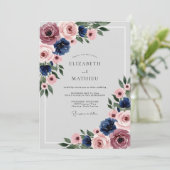 Navy Blue Dusty Rose Polished Floral Wedding 招待状 (スタンド正面)