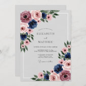 Navy Blue Dusty Rose Polished Floral Wedding 招待状 (正面/裏面)