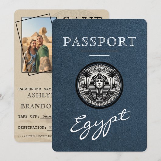 Navy Blue Egypt Passport Wedding Save the Date セーブザデート (正面/裏面)