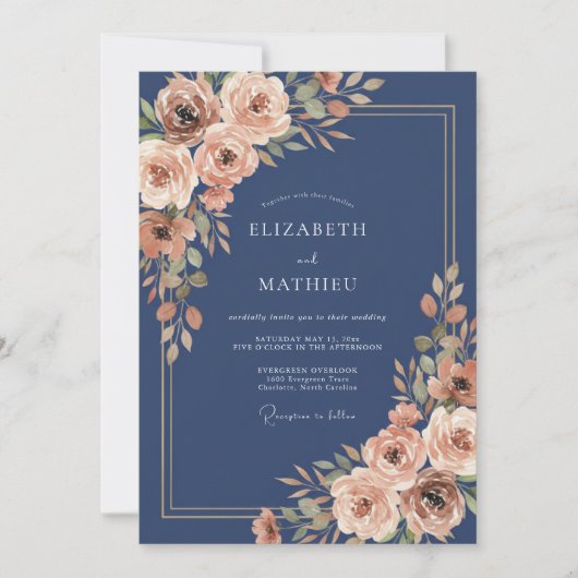 Navy Blue Elaborate Autumnal Wedding 招待状 (正面)