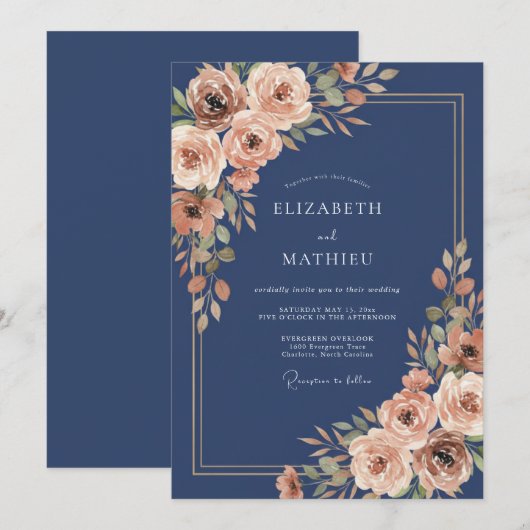 Navy Blue Elaborate Autumnal Wedding 招待状 (正面/裏面)