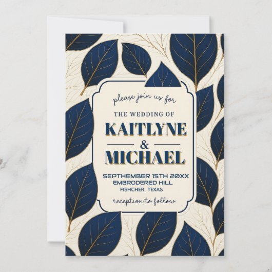 Navy blue elegant modern gold leaf luxury wedding 招待状 (正面)