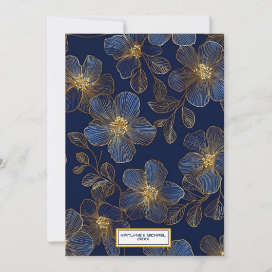 Navy blue elegant modern gold leaf luxury wedding 招待状 (裏面)