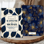 Navy blue elegant modern gold leaf luxury wedding 招待状