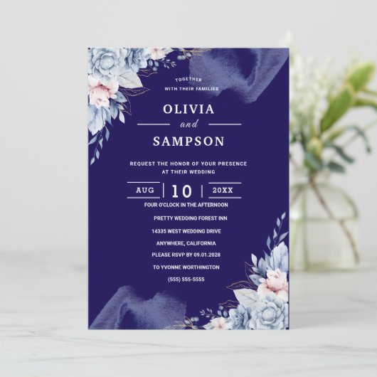 Navy blue elegant wedding 招待状 (スタンド正面)