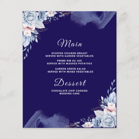 Navy blue elegant wedding Menu card (正面)