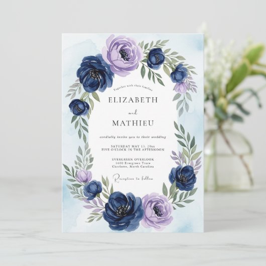 Navy Blue Ethereal Botanical Wedding 招待状 (スタンド正面)