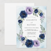 Navy Blue Ethereal Botanical Wedding 招待状 (正面/裏面)