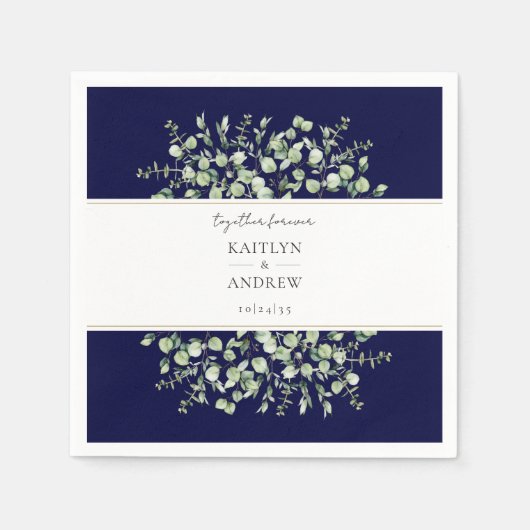 Navy Blue Eucalyptus Together Forever Wedding スタンダードカクテルナプキン (正面)