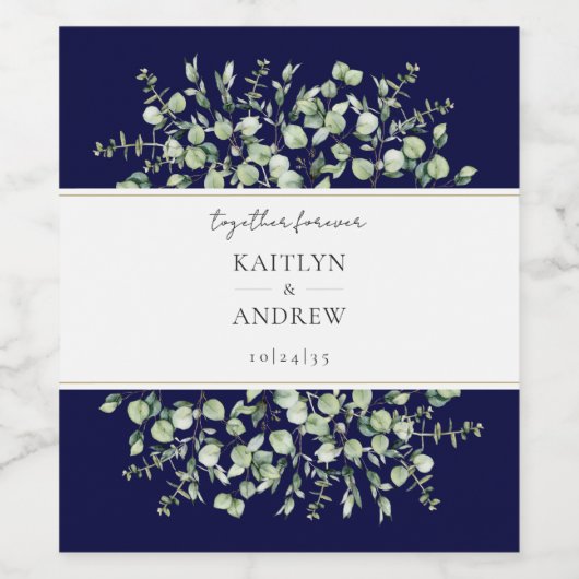 Navy Blue Eucalyptus Together Forever Wedding  ワインラベル (シングルラベル)