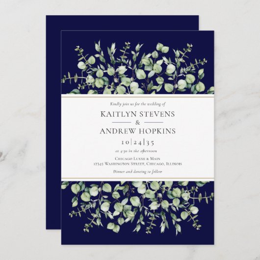 Navy Blue Eucalyptus  Wedding 招待状 (正面/裏面)