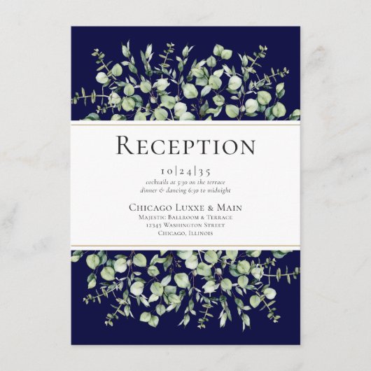 Navy Blue Eucalyptus Wedding Reception エンクロージャーカード (正面)