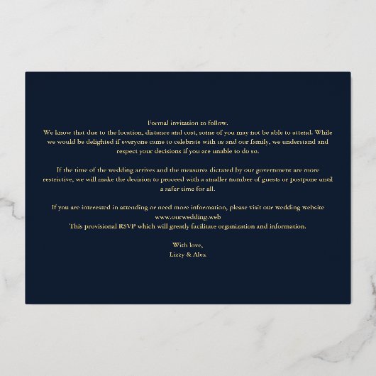 Navy Blue Fancy Trendy Photo Real Metallic 箔招待状 (裏面)