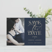 Navy Blue Fancy Trendy Wedding Photo Faux Gold セーブザデート (スタンド正面)