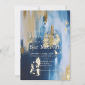 Navy Blue & Faux Gold Foil Bar Mitzvah 招待状 (正面)
