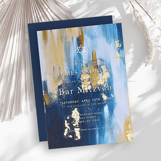 Navy Blue & Faux Gold Foil Bar Mitzvah 招待状
