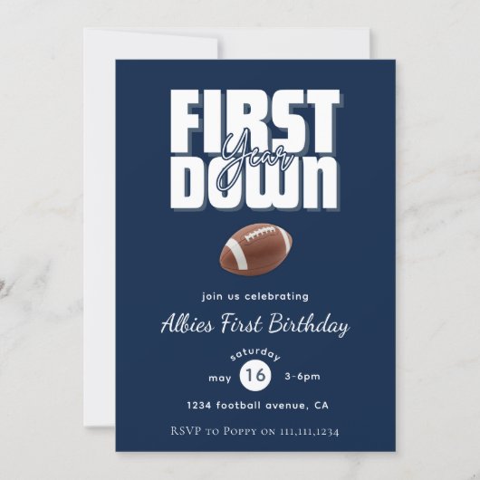 Navy Blue "First Year Down" Football Birthday  招待状 (正面)