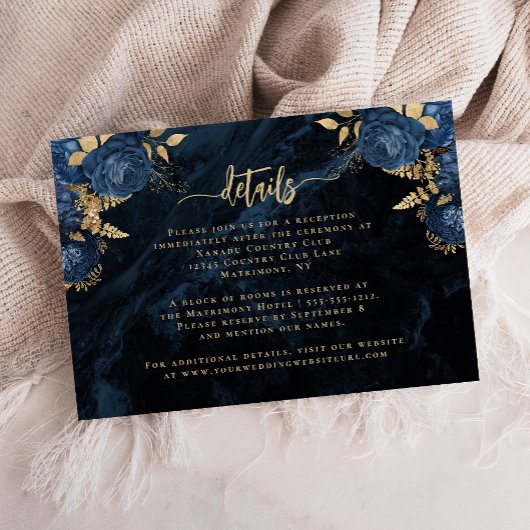 Navy Blue Floral Agate Gold Script Wedding Details エンクロージャーカード