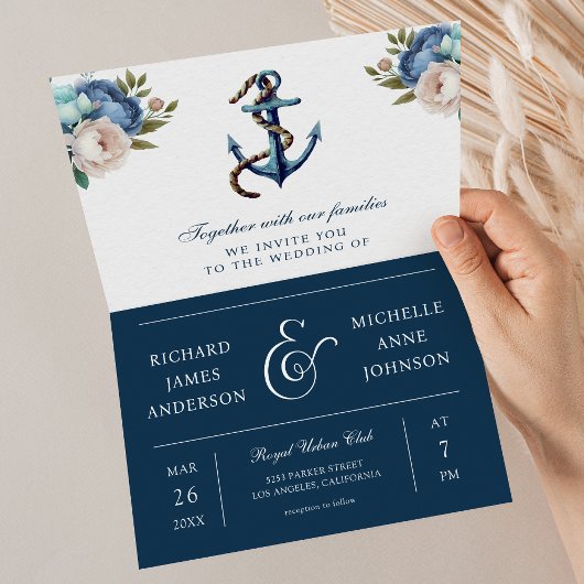 Navy Blue Floral Anchor All in One QR Code Wedding 招待状