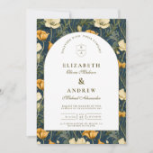 Navy Blue Floral Arch Elegant Wedding 招待状 (正面)